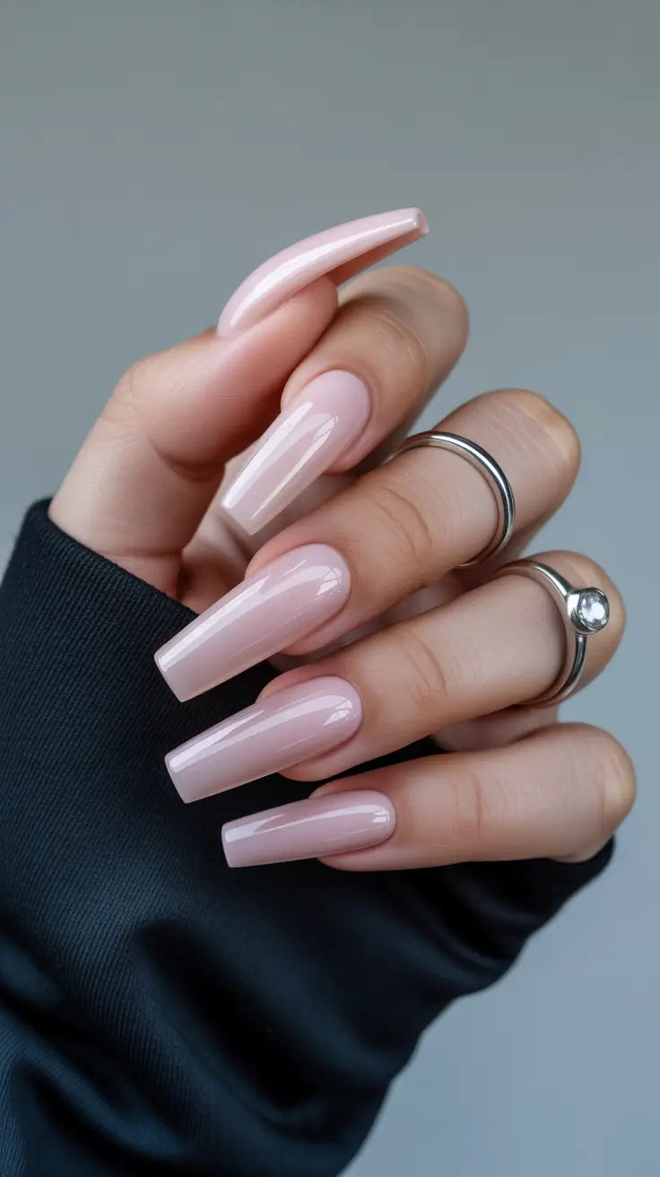 earthy spring nail inspo 2026 Soft Nude Gloss on Long Coffin Tips