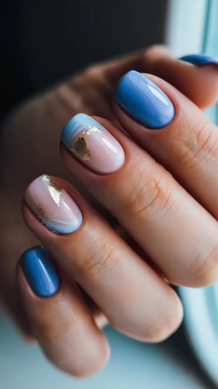 earthy spring nail inspo 2026 Blue Waves With Touches of Gold