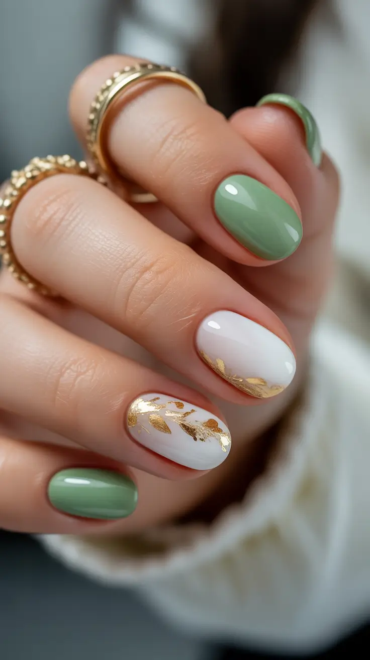 earthy spring nail inspo 2026 Fresh Sage and Gold Leaf Elegance