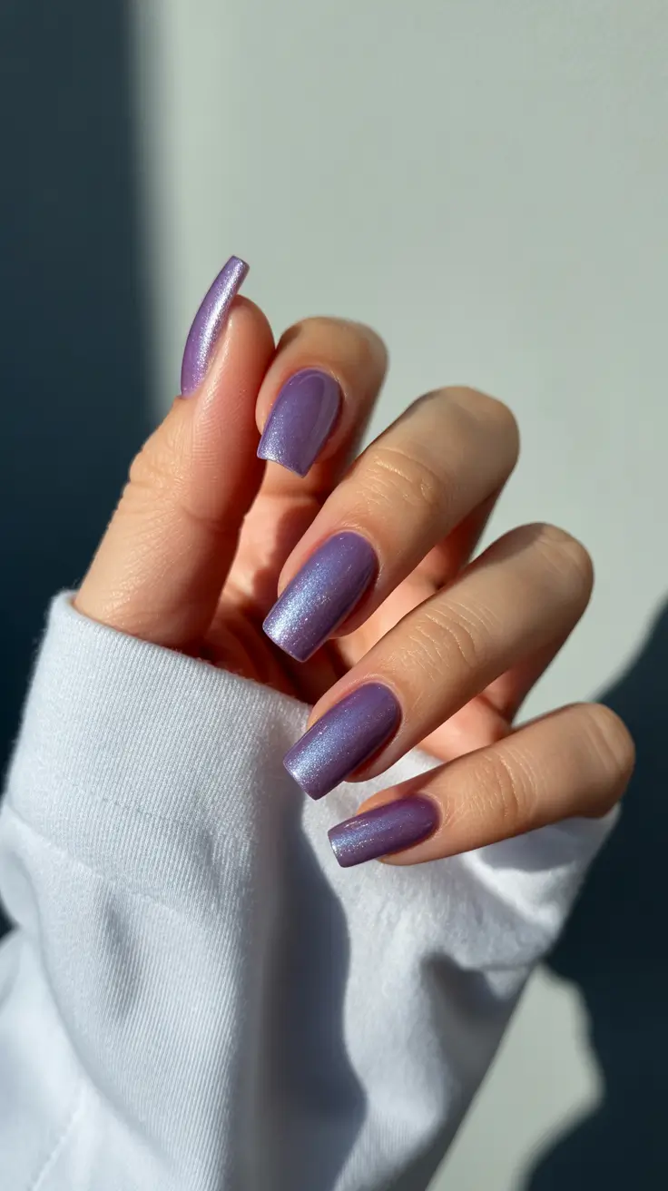 earthy spring nail inspo 2026 Lavender Metallic Glow for a Soft Seasonal Shift
