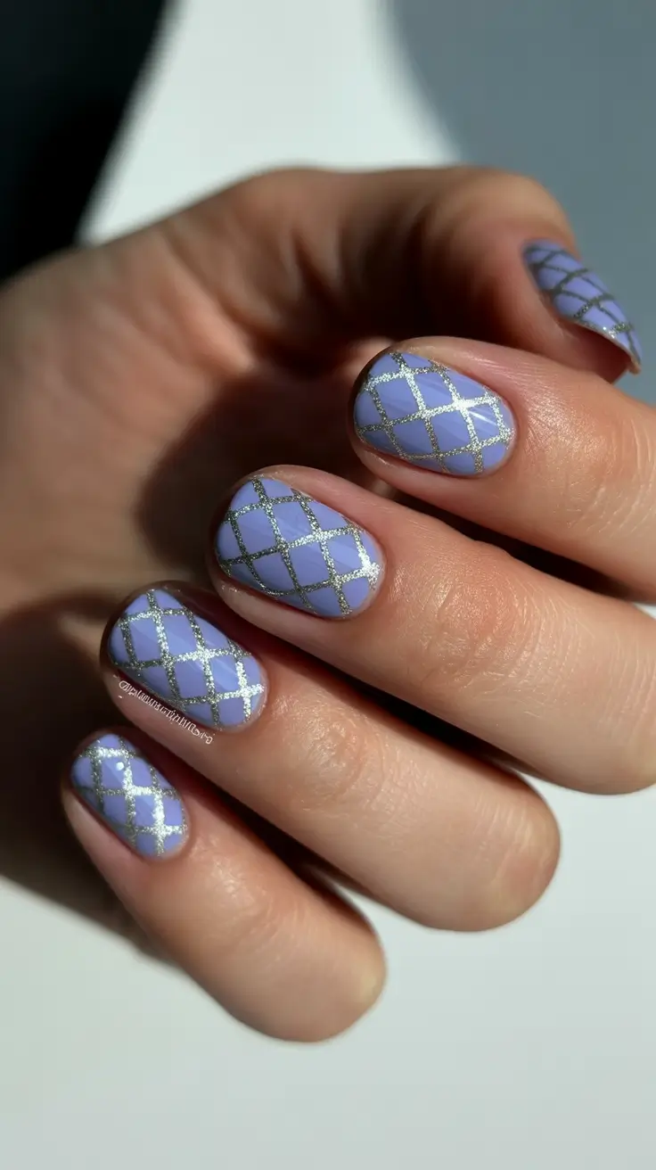 earthy spring nail inspo 2026 Periwinkle Grids With a Touch of Sparkle