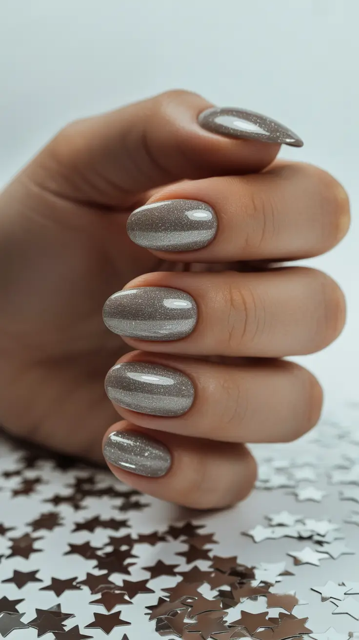 earthy spring nail inspo 2026 Cool-Toned Taupe With a Silky Metallic Sheen