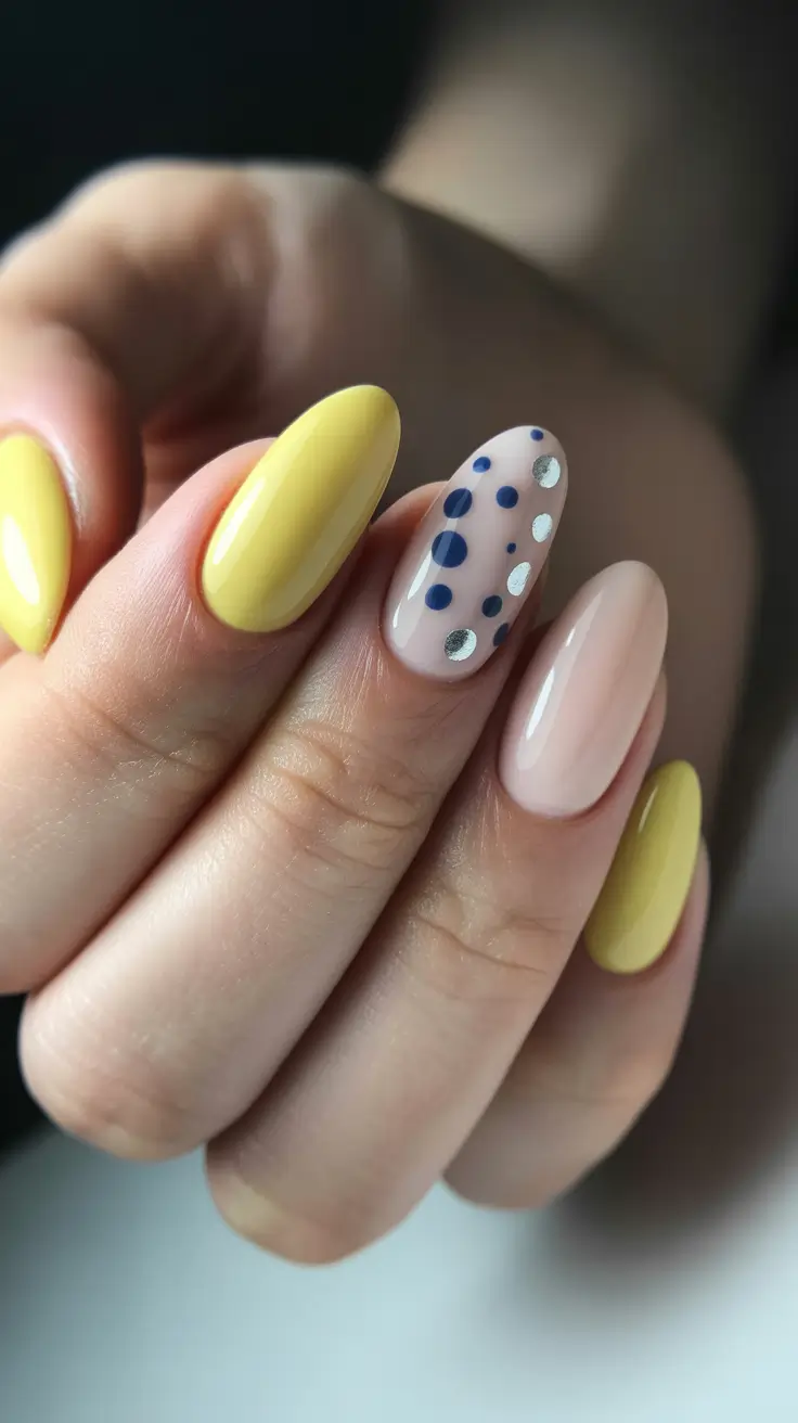 earthy spring nail inspo 2026 Yellow Citrus Pops and Playful Dot Art