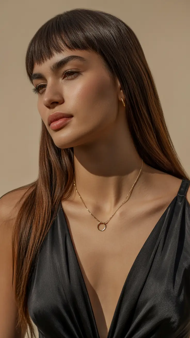 easy spring hair color trends 2026 Chocolate Silk Length With Soft Baby Bangs