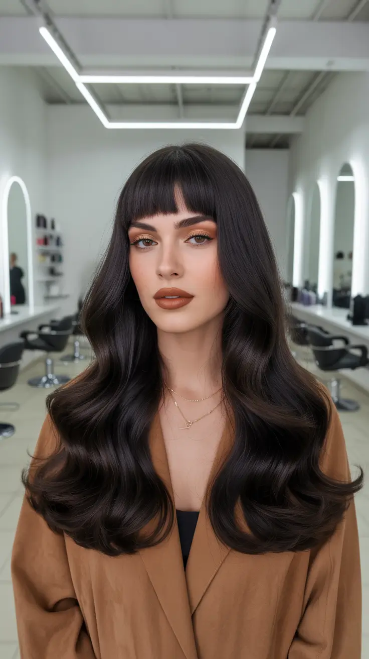 easy spring hair color trends 2026 Glossy Midnight Brunette With Curtain Bangs