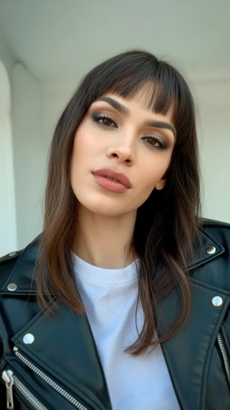 easy spring hair color trends 2026 Edgy Espresso Layering With Feathered Baby Bangs