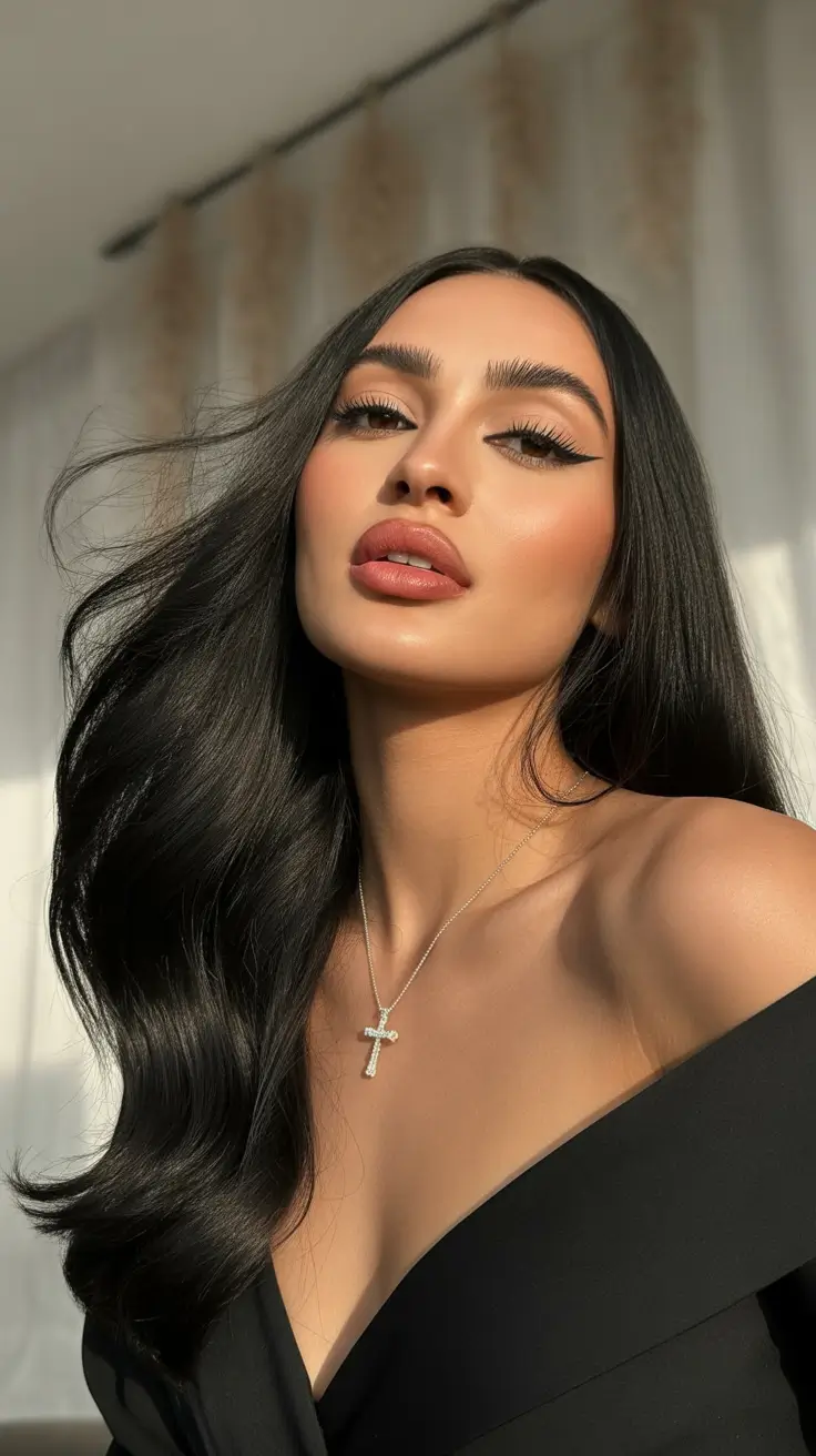 easy spring hair color trends 2026 Midnight Black Waves with Springtime Shine