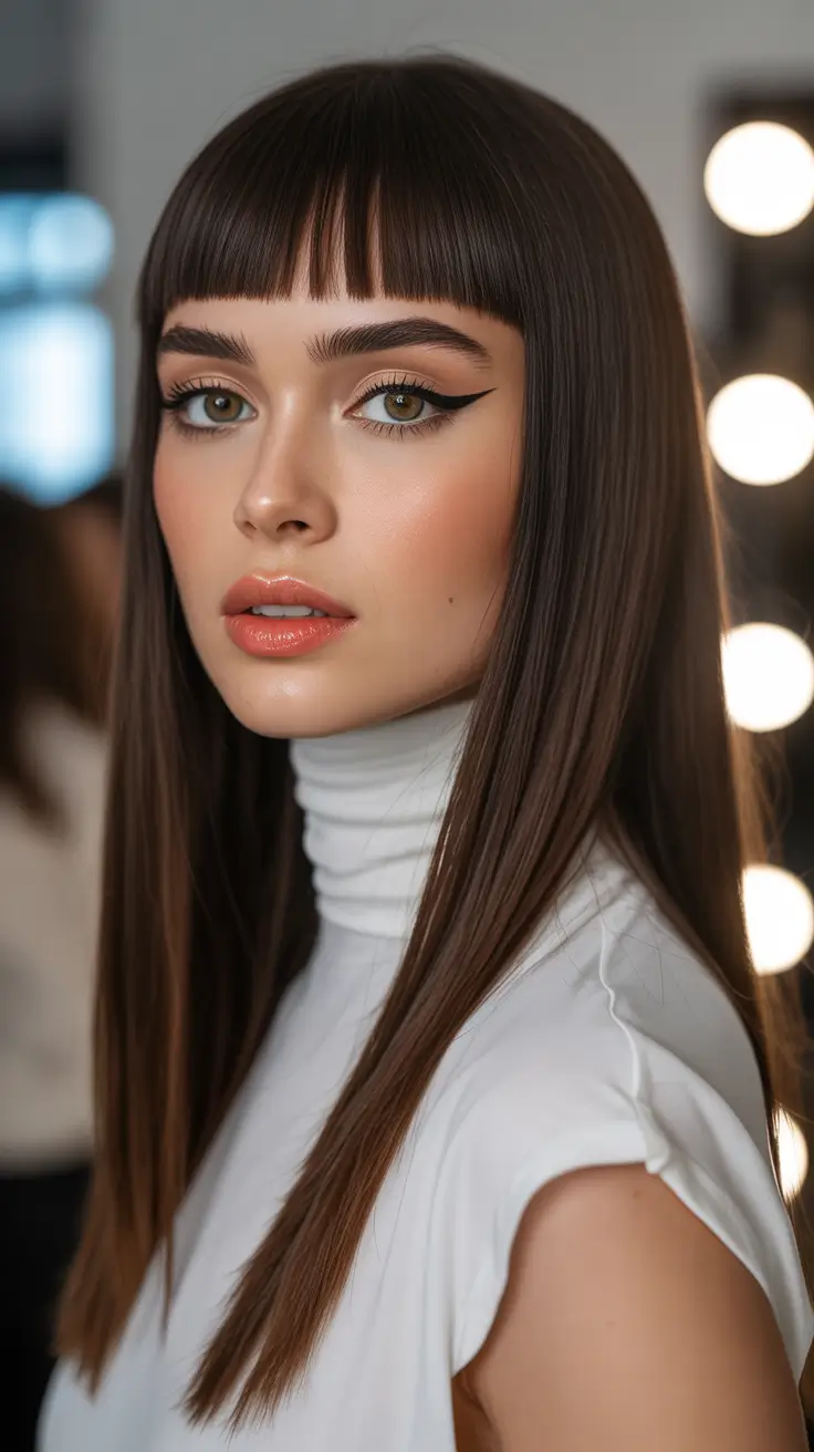 easy spring hair color trends 2026 Sleek Espresso Straight With Baby Bangs