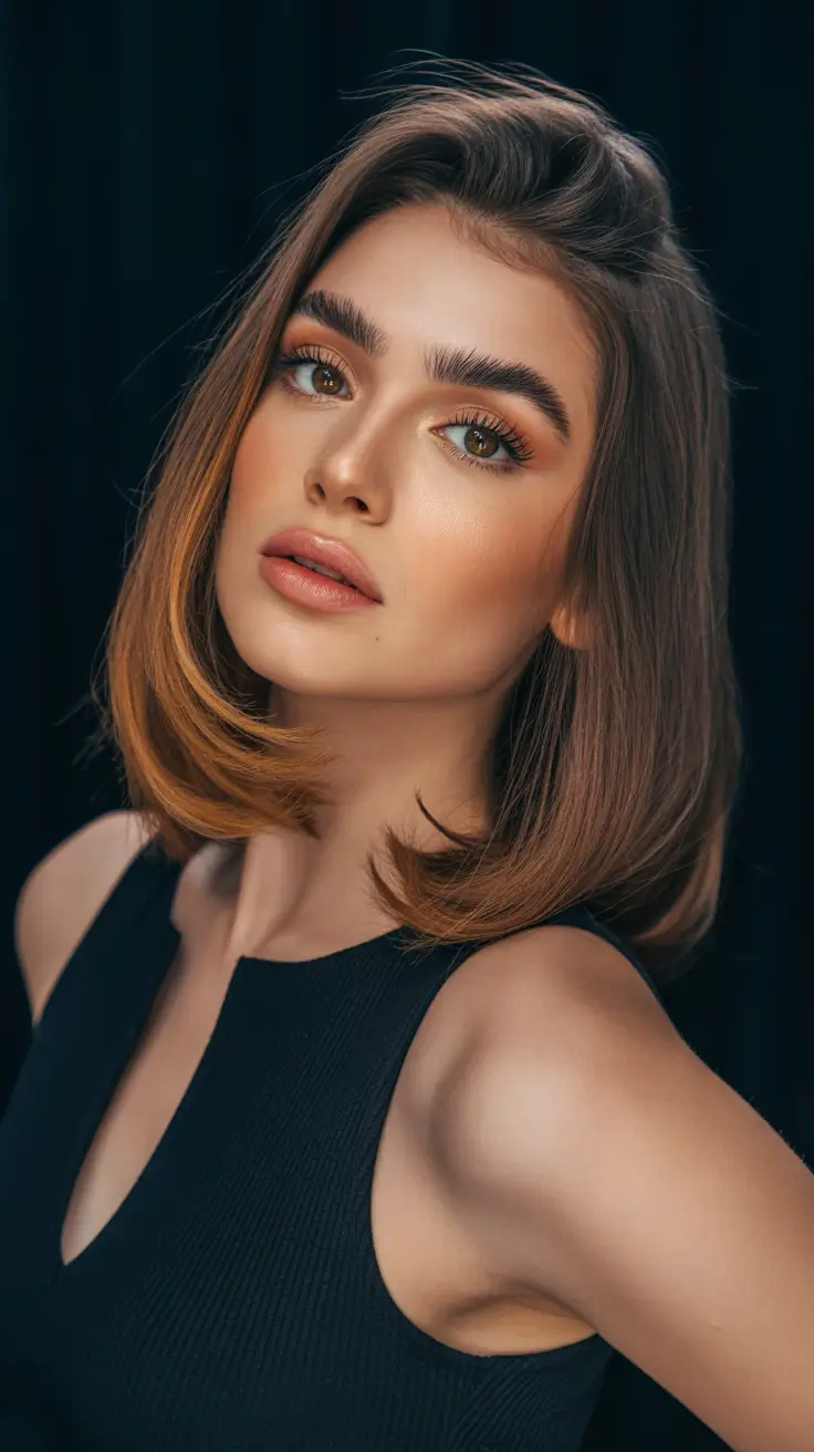 easy spring hair color trends 2026 Warm Chestnut Bob With Sunrise Copper Ends