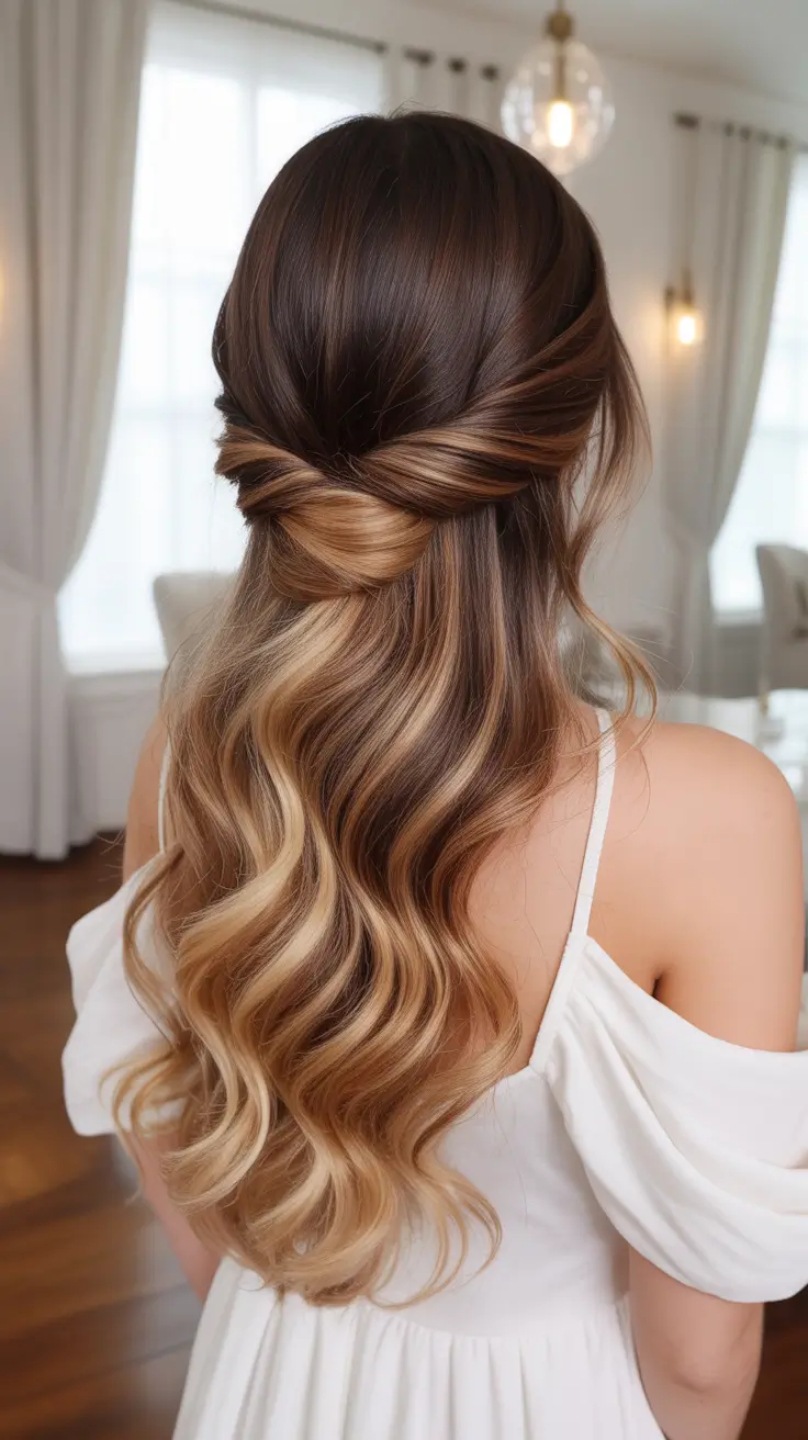 half up half down spring hairstyles 2026 Romantic Chestnut Twist with Sunlit Waves