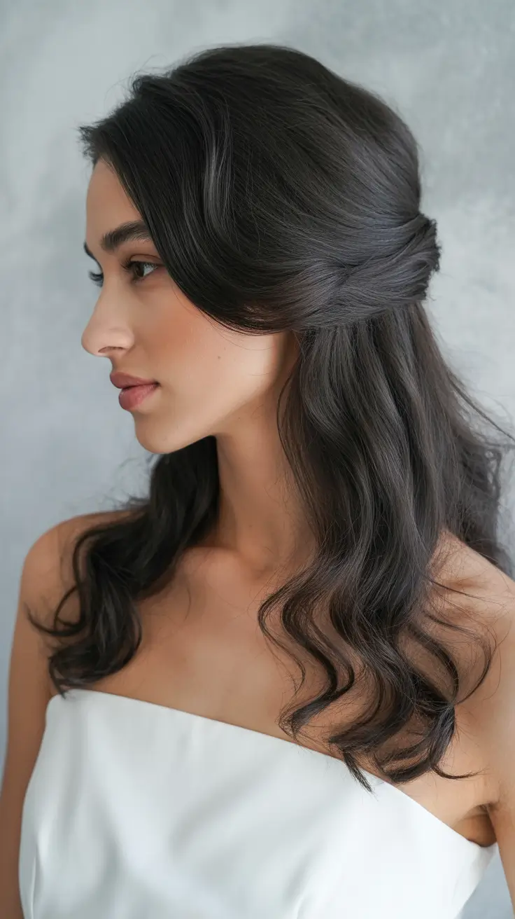 half up half down spring hairstyles 2026 Soft Romantic Half Twist on Deep Brunette Waves