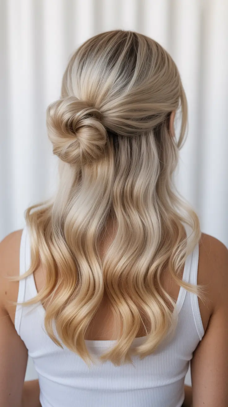 half up half down spring hairstyles 2026 Soft Blonde Half Knot with Sculpted Waves