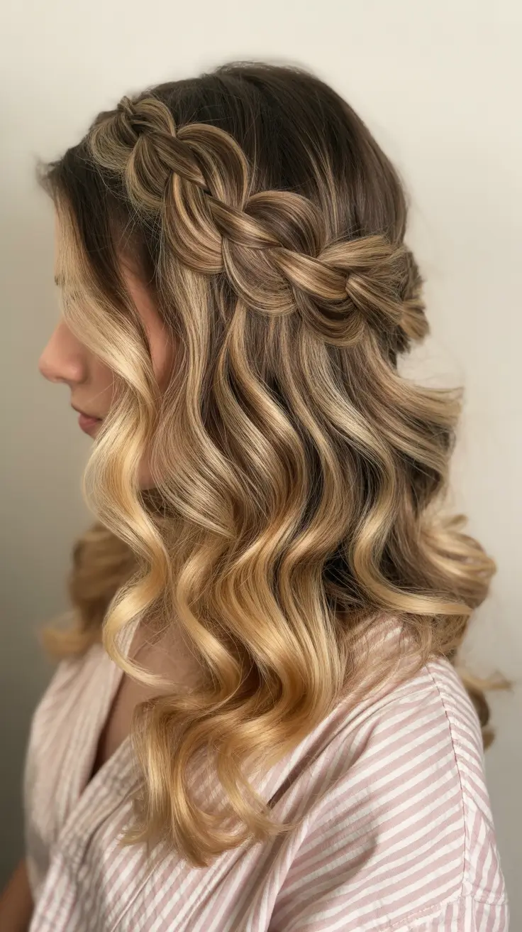 half up half down spring hairstyles 2026 Soft Braided Crown with Honey-Blonde Waves
