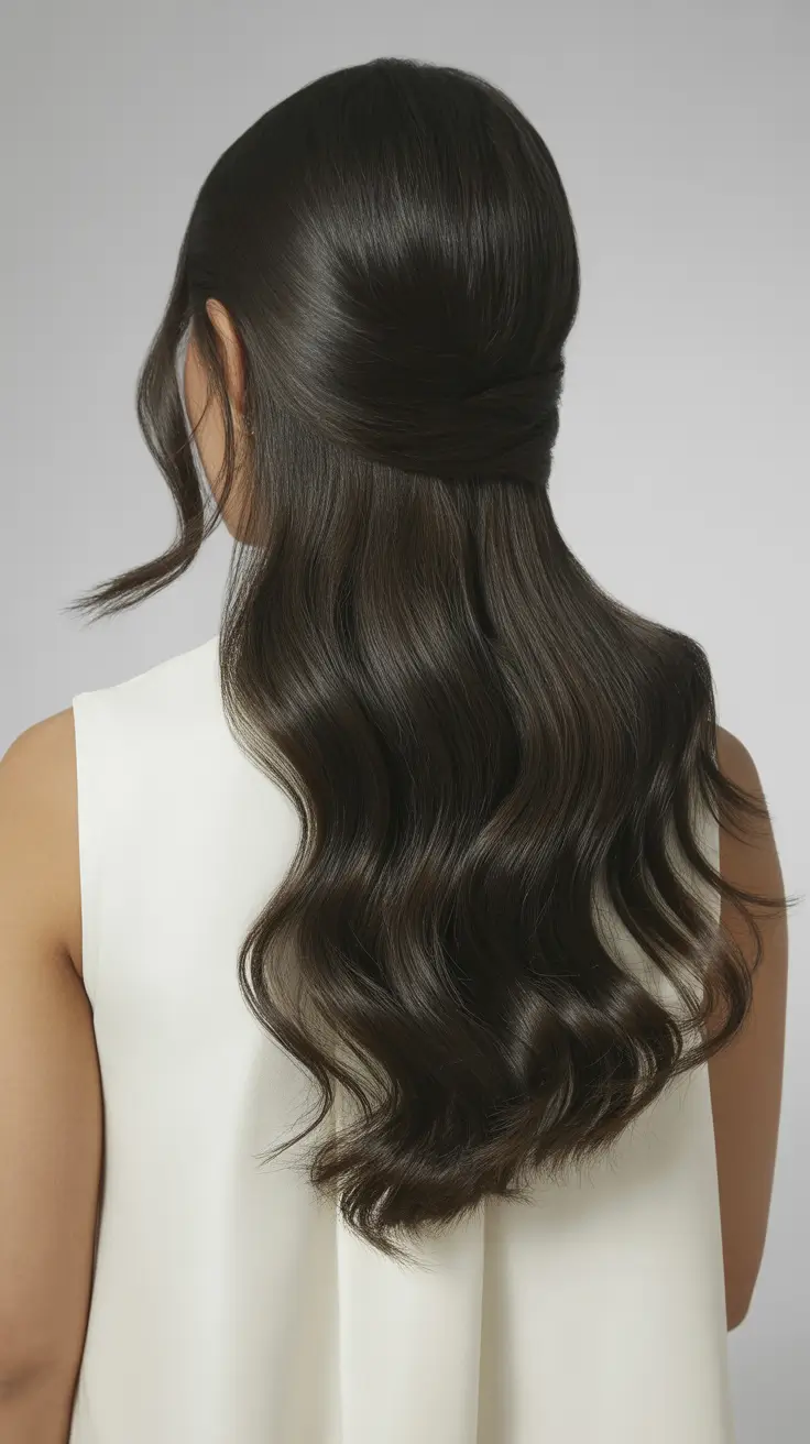 half up half down spring hairstyles 2026 Silky Sculpted Half-Up Elegance on Deep Brunette Waves