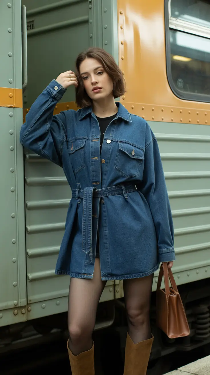 light casual spring outfits 2026 Denim Belted Jacket Dress with Suede Boots