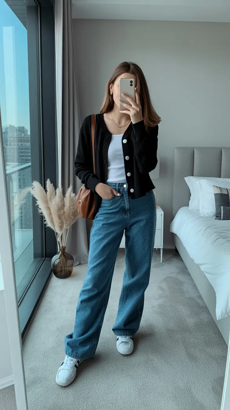 light casual spring outfits 2026 Soft Black Cardigan & Denim for Everyday Spring Ease