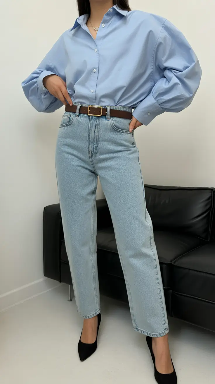 light casual spring outfits 2026 Classic Blue Button-Down with High-Rise Denim