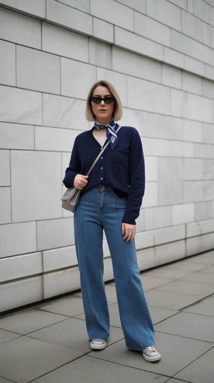 light casual spring outfits 2026 Navy Layers & Scarf-Tied Polish for Chilly Spring Mornings