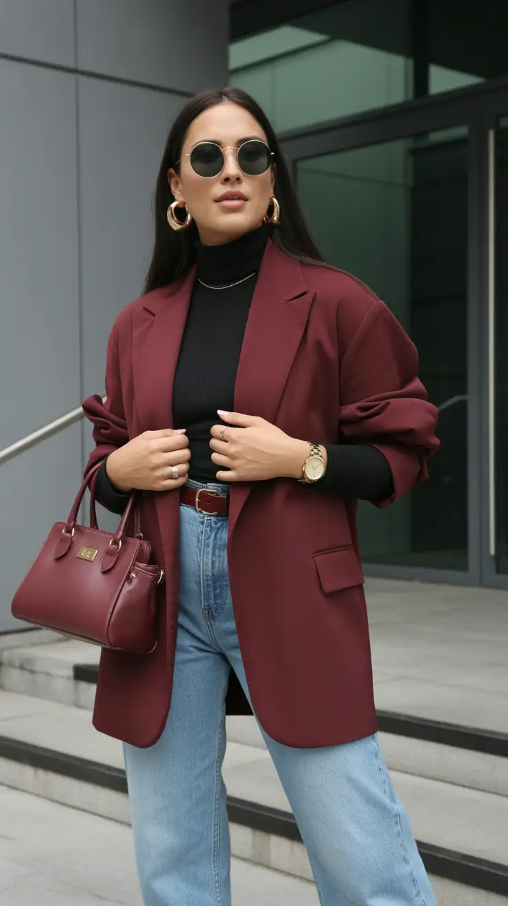 light casual spring outfits 2026 Burgundy Blazer Strength with Classic Denim Ease
