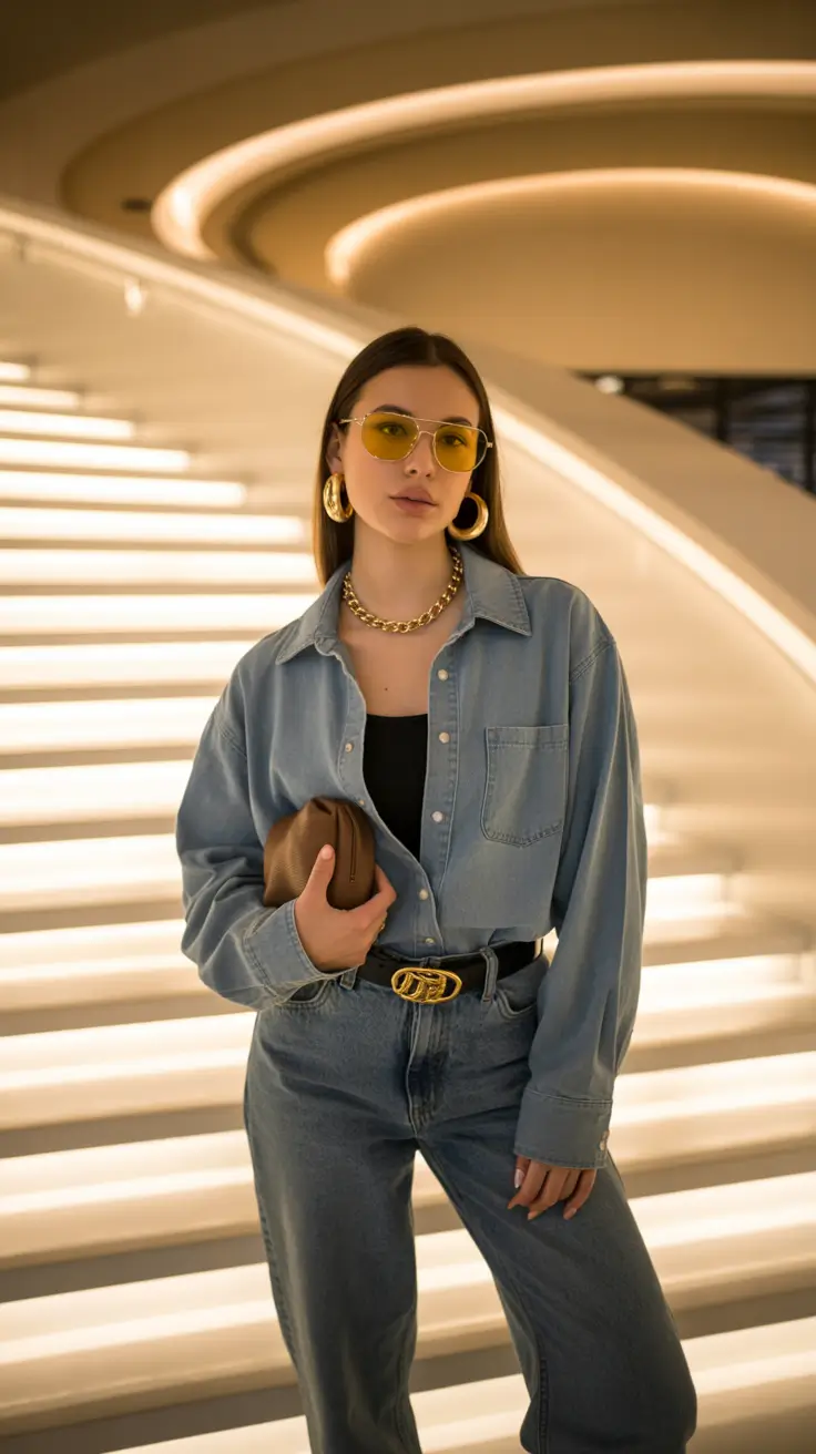 light casual spring outfits 2026 Denim-on-Denim Glow with Gold-Toned Accents