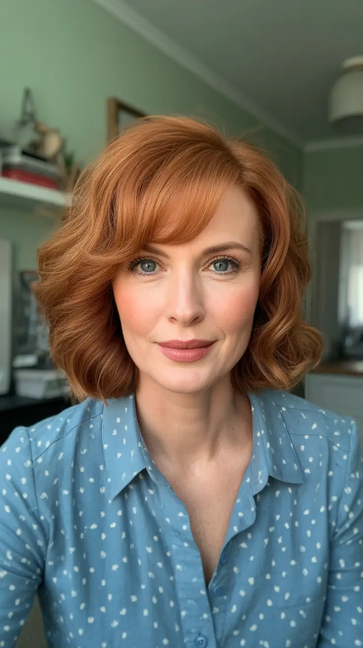 long spring haircuts for women over 50 2026 Soft Copper Layered Bob With Side Sweep