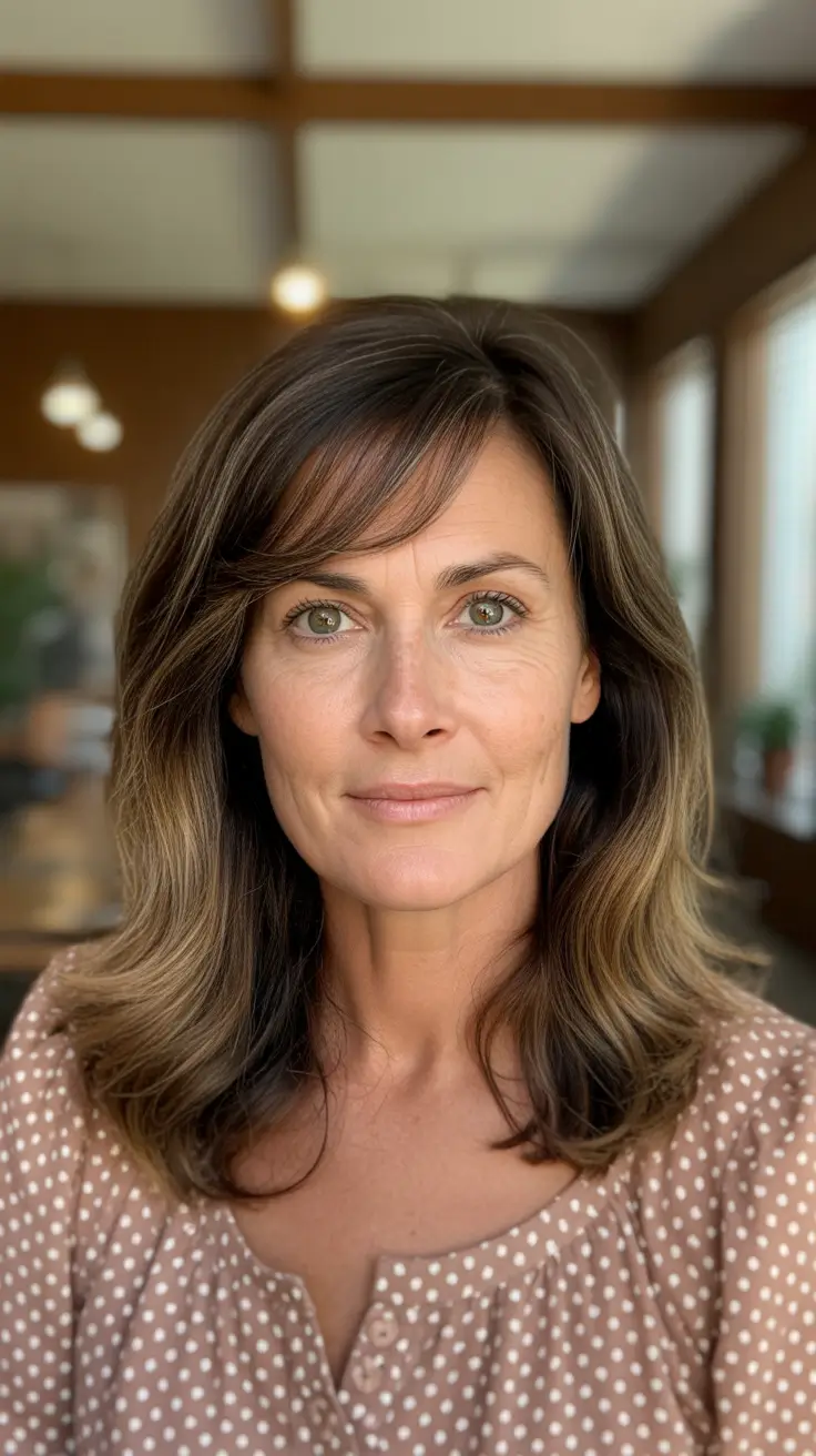 long spring haircuts for women over 50 2026 Long Layered Brunette With Soft Curtain Movement