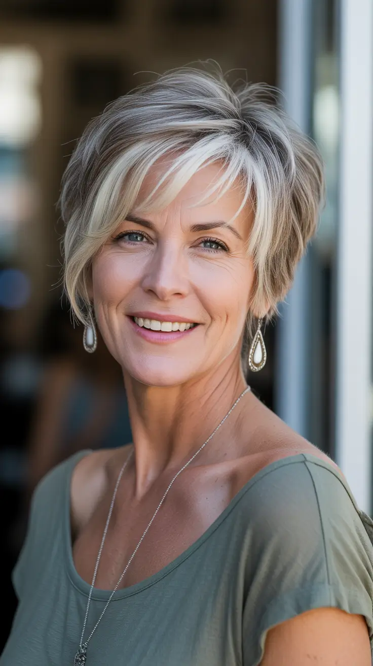 long spring haircuts for women over 50 2026 Textured Blonde Long Pixie With Side Sweep