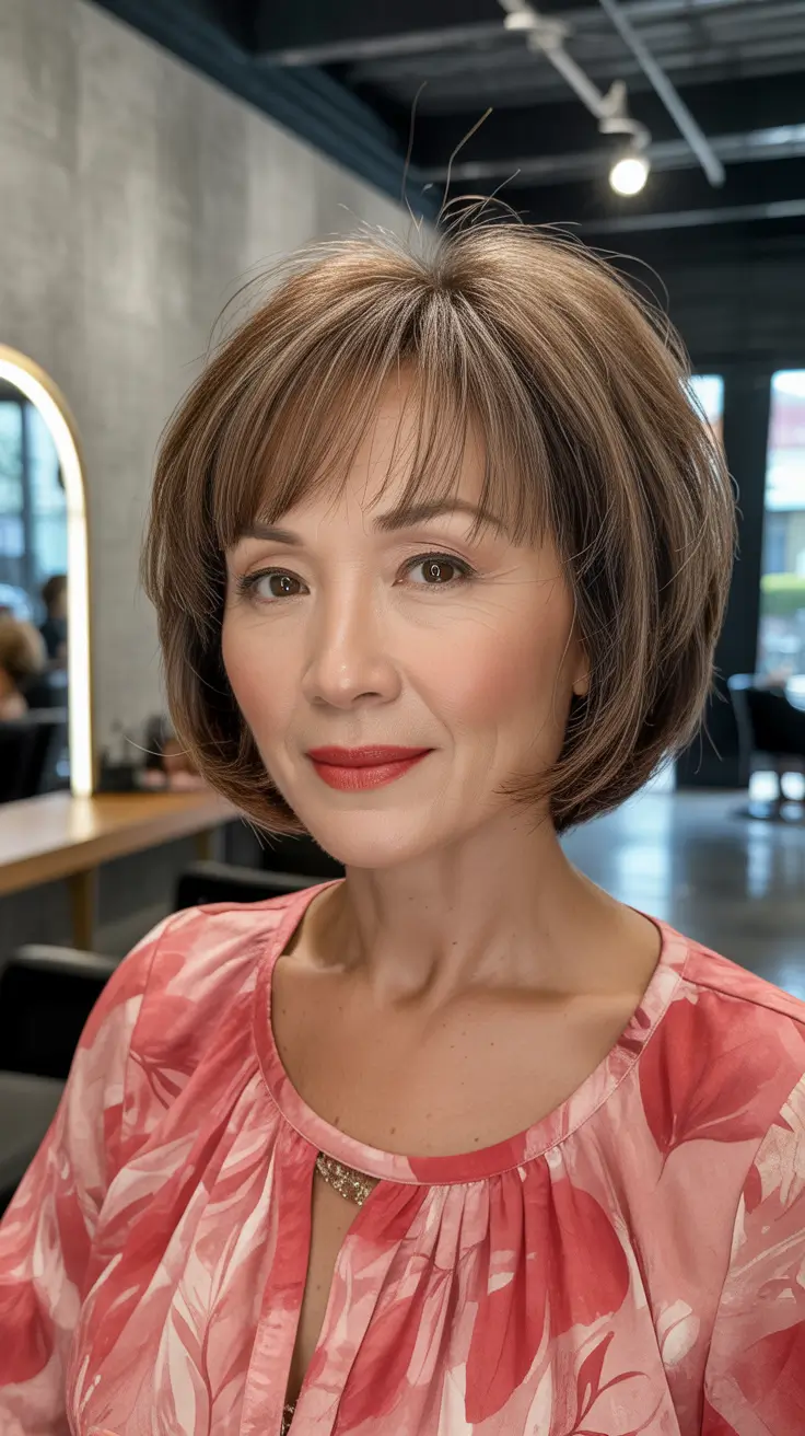 long spring haircuts for women over 50 2026 Feathered Mid Length Bob With Airy Bangs