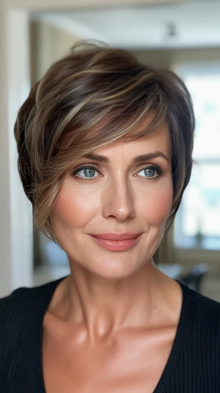 long spring haircuts for women over 50 2026 Layered Brunette Pageboy Bob With Side Volume