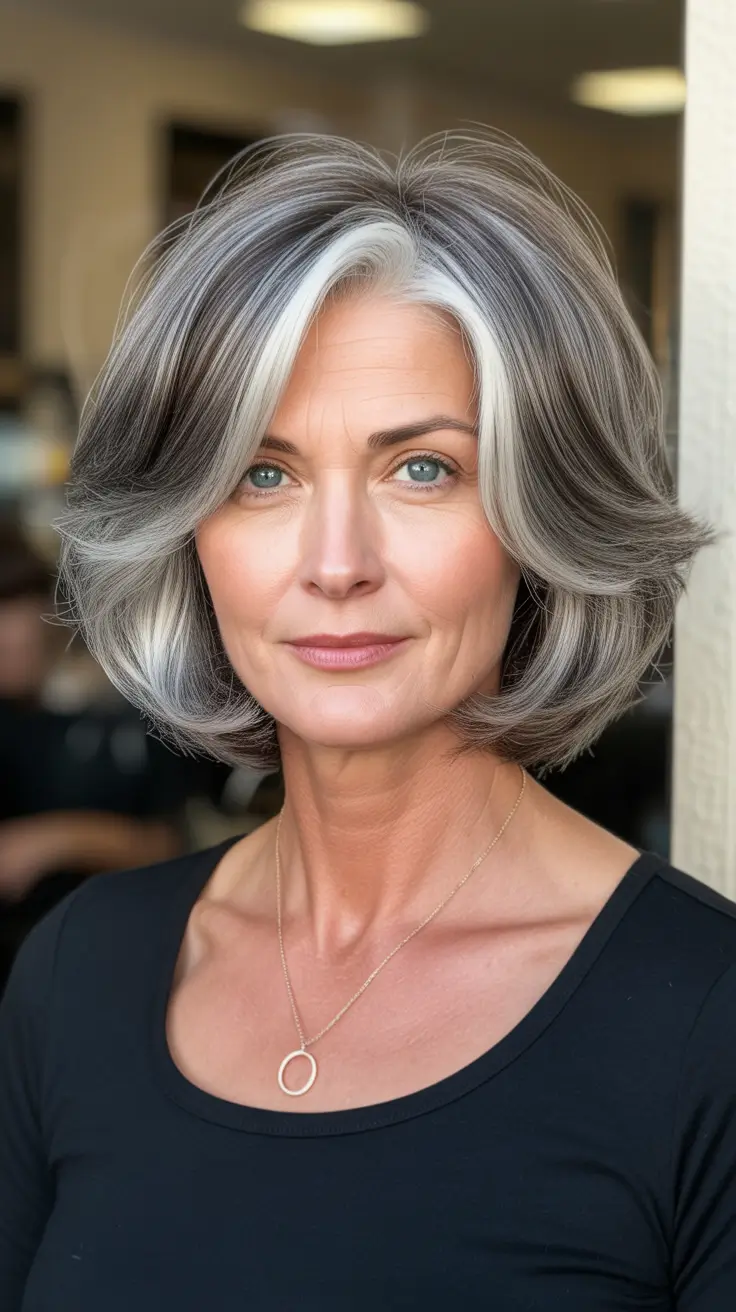 long spring haircuts for women over 50 2026 Silver Layered Shoulder Length With Face-Framing Brightness