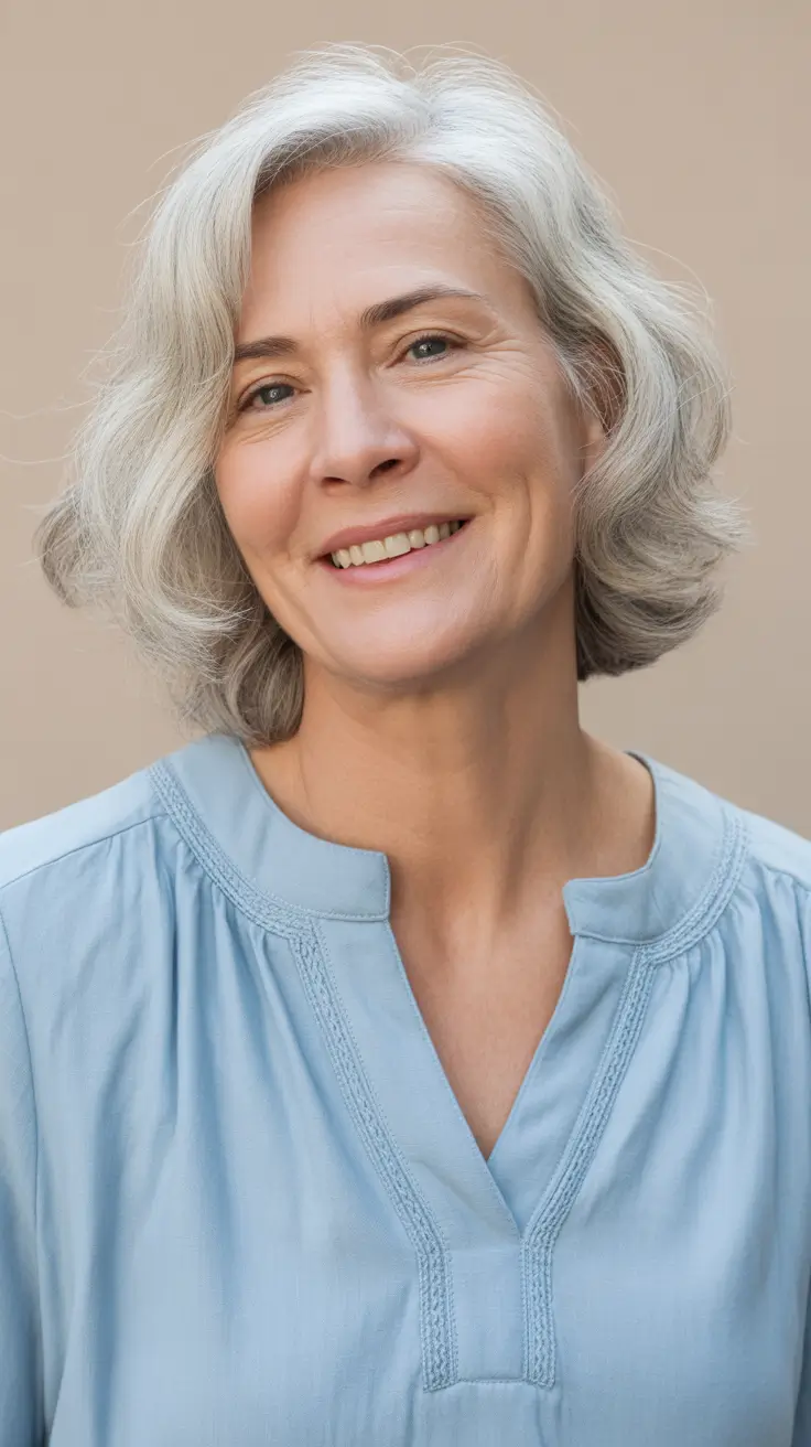 long spring haircuts for women over 50 2026 Soft Curved Gray Bob With Natural Body
