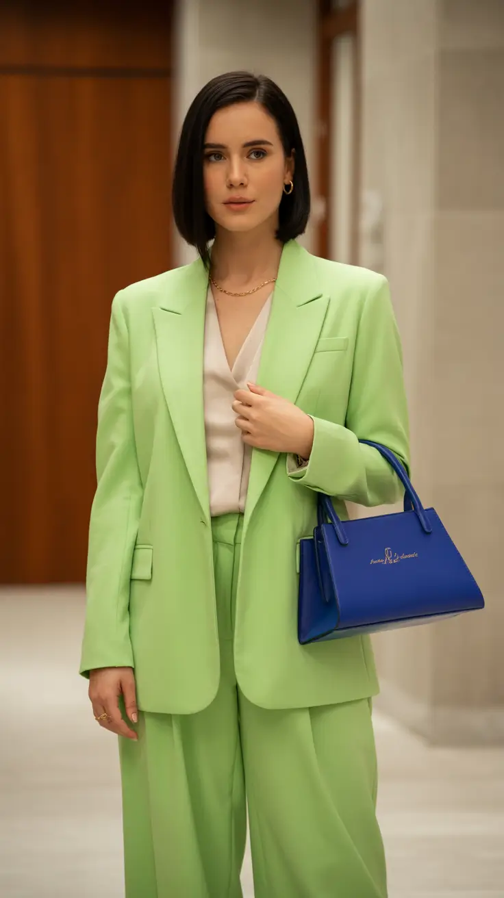 March Outfits Ideas - Spring Trends 2026 Mint Suiting with a Pop of Cool Blue