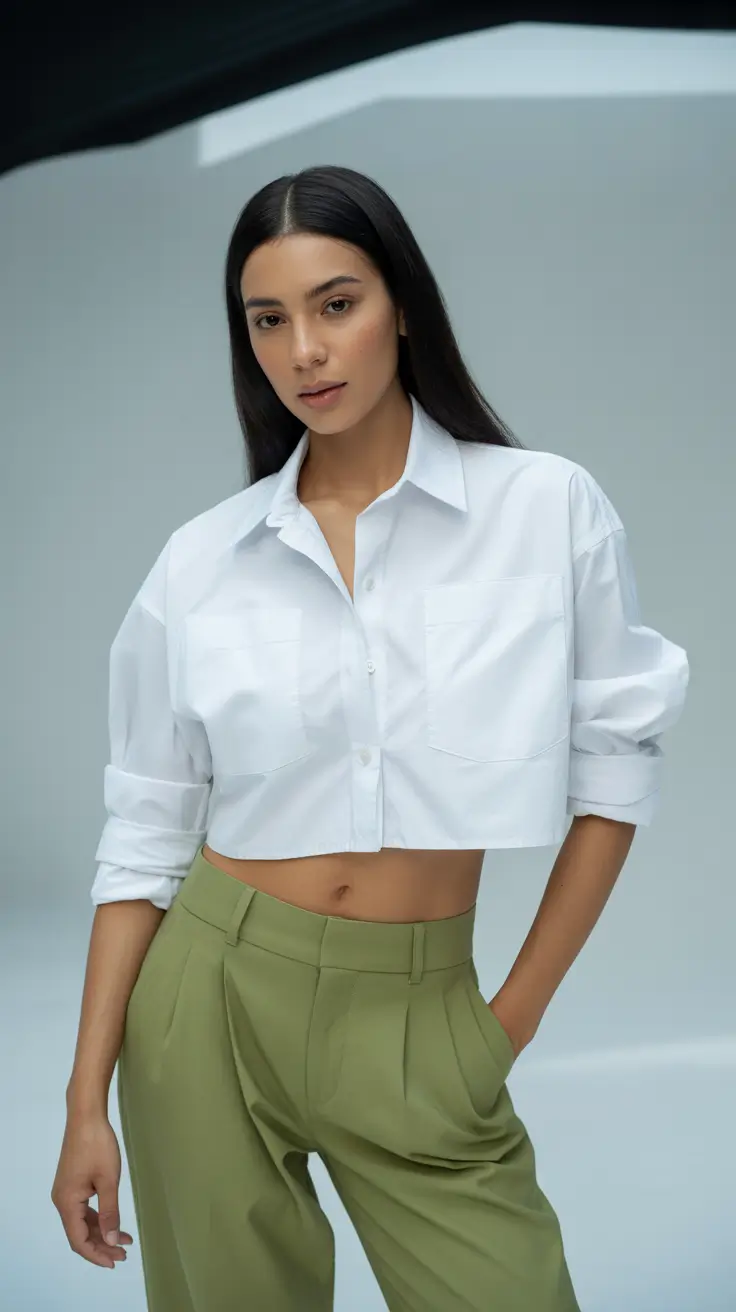 March Outfits Ideas - Spring Trends 2026 Cropped Shirting with Clean Modern Lines