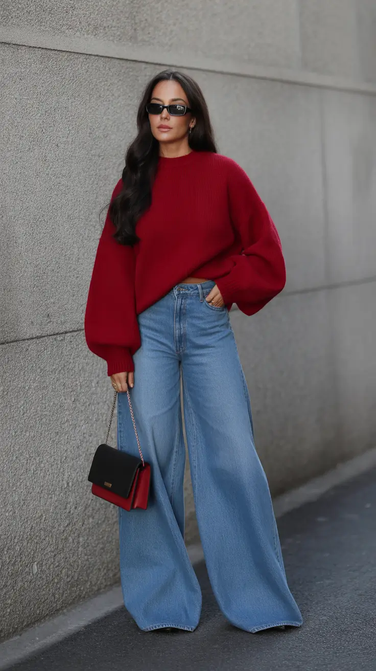 March Outfits Ideas - Spring Trends 2026 Bold Knit Statements with Wide-Leg Denim