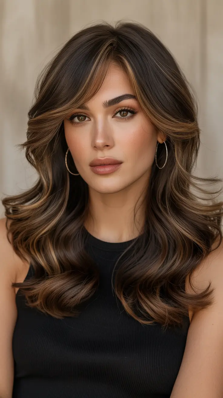 medium spring haircuts 2026 Chocolate Ribbon Layers With Flipped Curtain Bangs