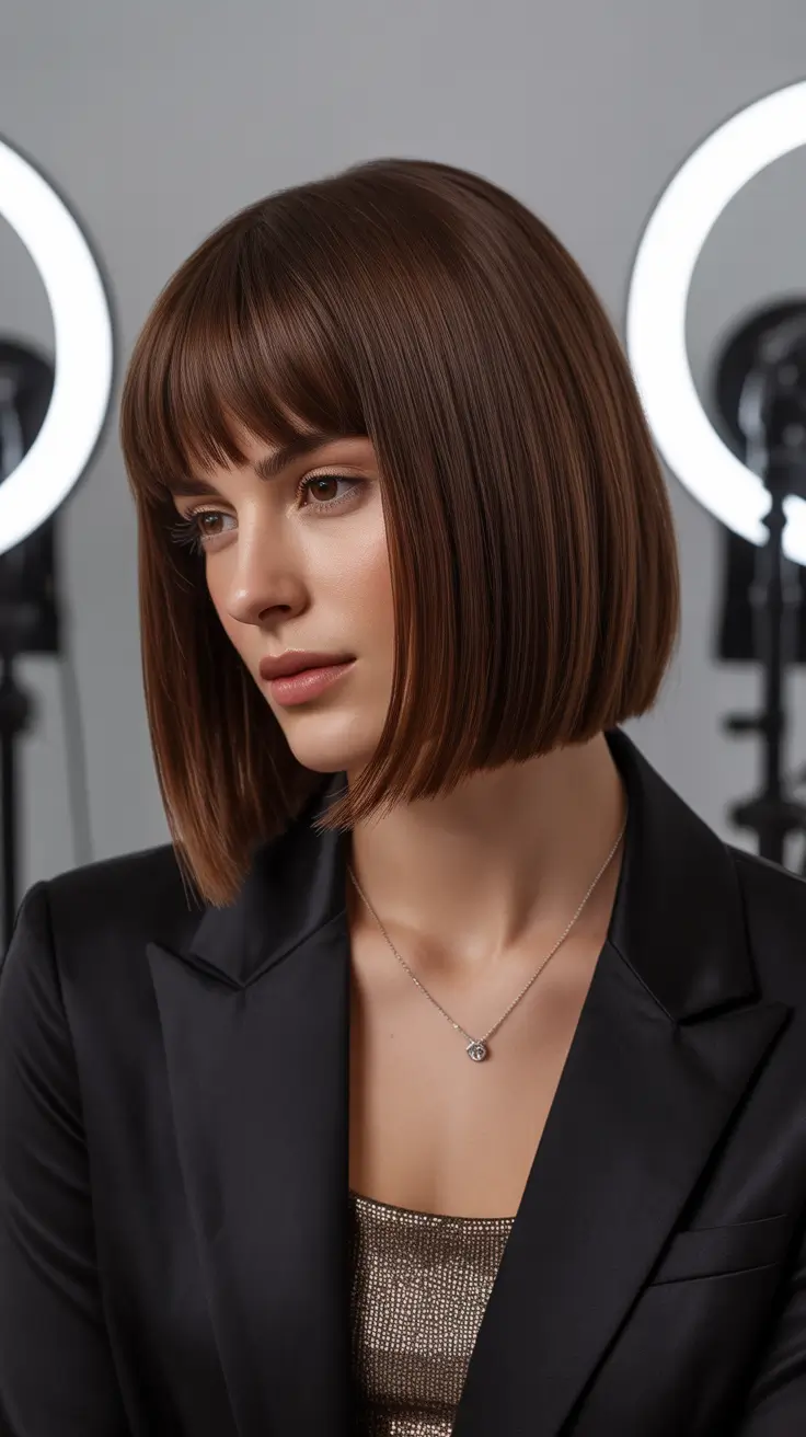 medium spring haircuts 2026 Structured Chocolate Bob With Blunt Fringe