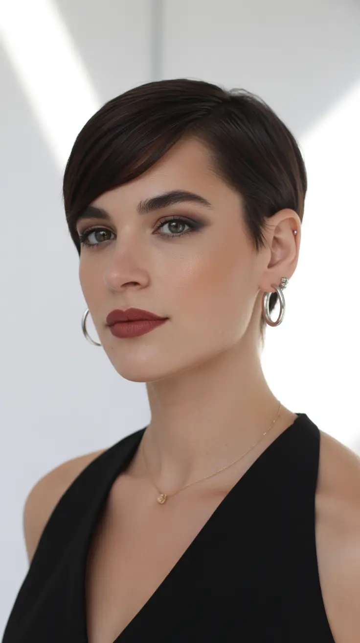 medium spring haircuts 2026 Clean Sculpted Pixie With Smoky Elegance