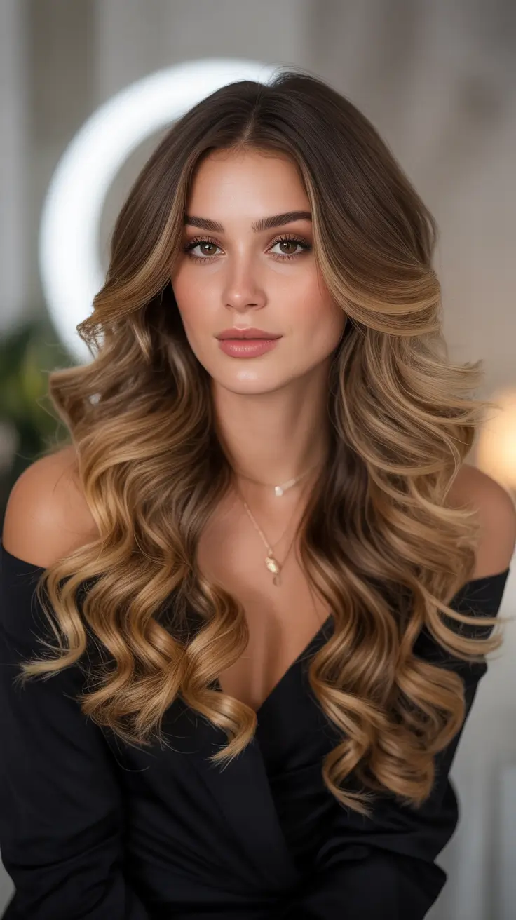 medium spring haircuts 2026 Layered Balayage Waves With Radiant Warmth