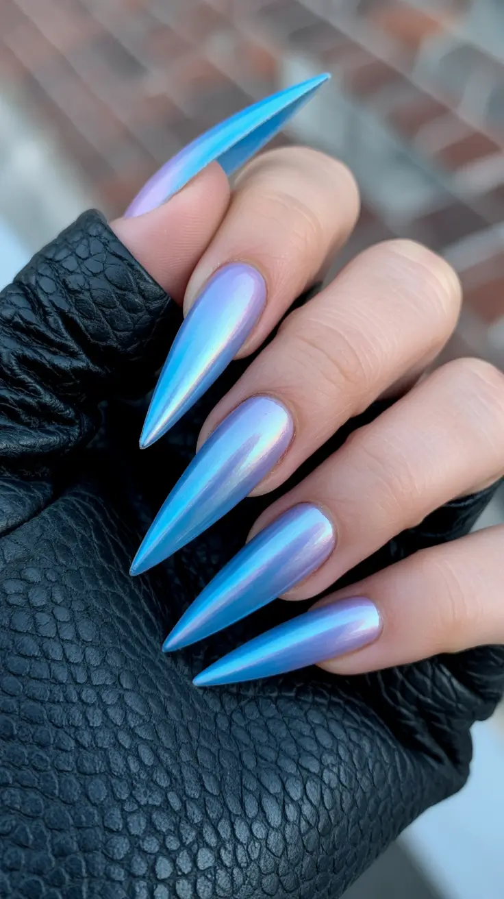 modern colorful spring nails 2026 Iridescent Blue Chrome Stiletto