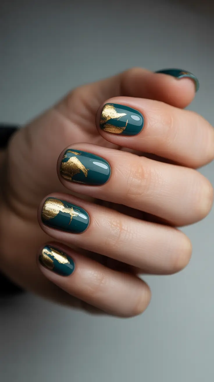 modern colorful spring nails 2026 Deep Teal With Gold Foil Accent