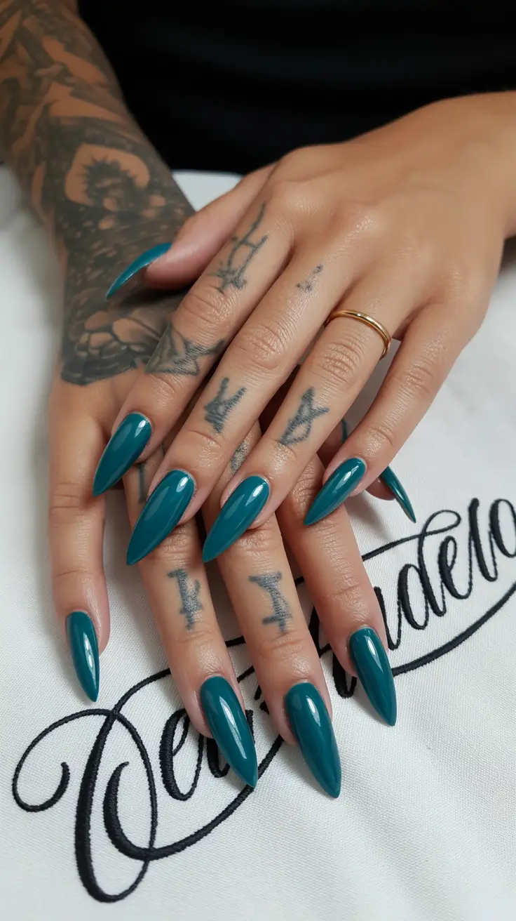 modern colorful spring nails 2026 Glossy Emerald Stiletto Power Set