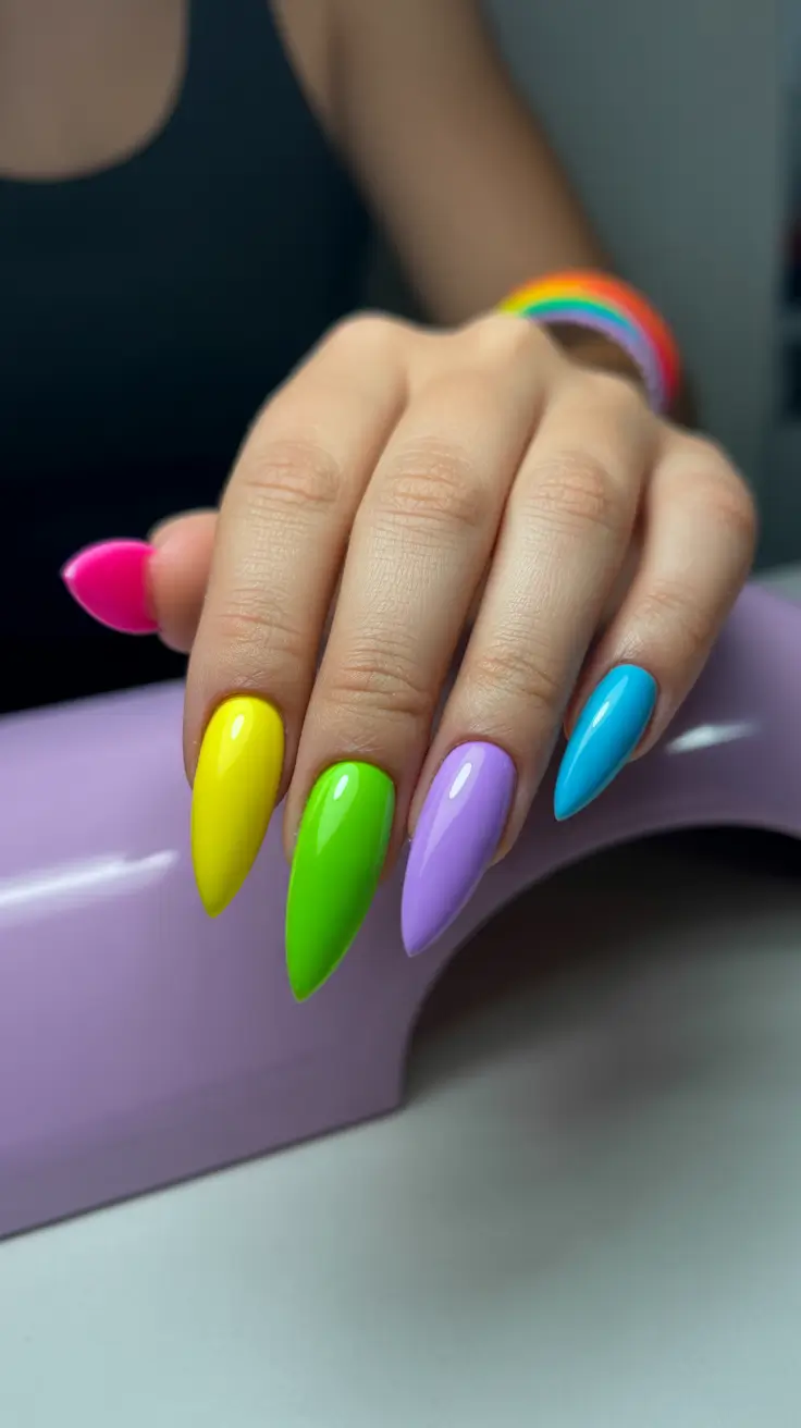 modern colorful spring nails 2026 Playground Pop: Multi-Color Almond Energy