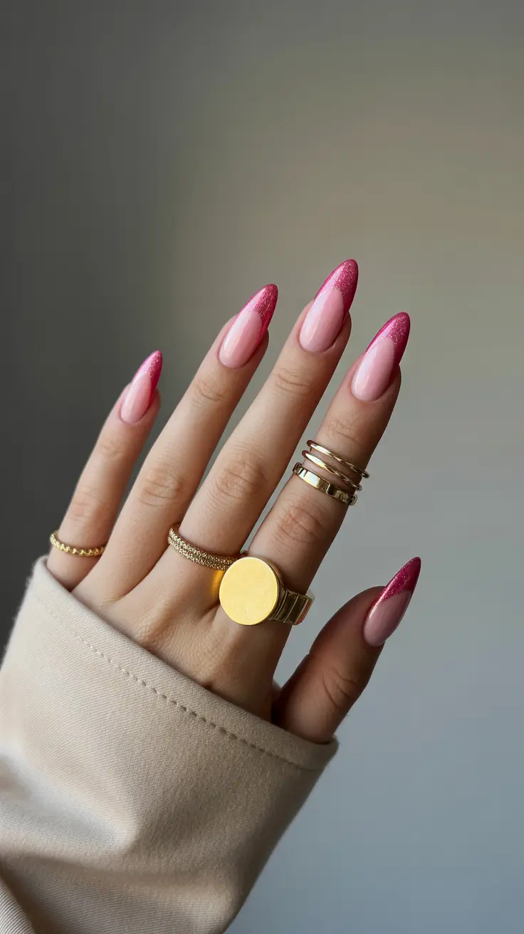 modern colorful spring nails 2026 Pink Glitter French Remix