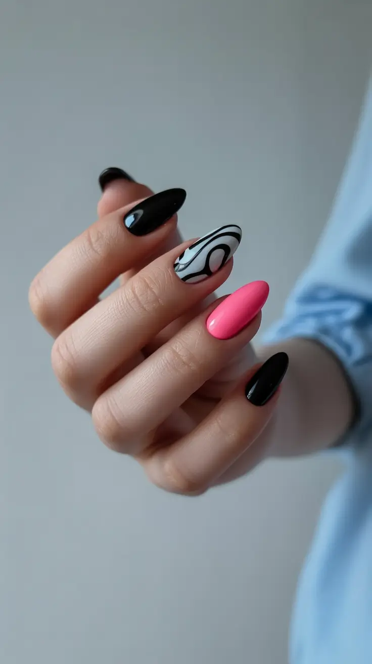 modern colorful spring nails 2026 Graphic Pop Art Almond With Neon Accent