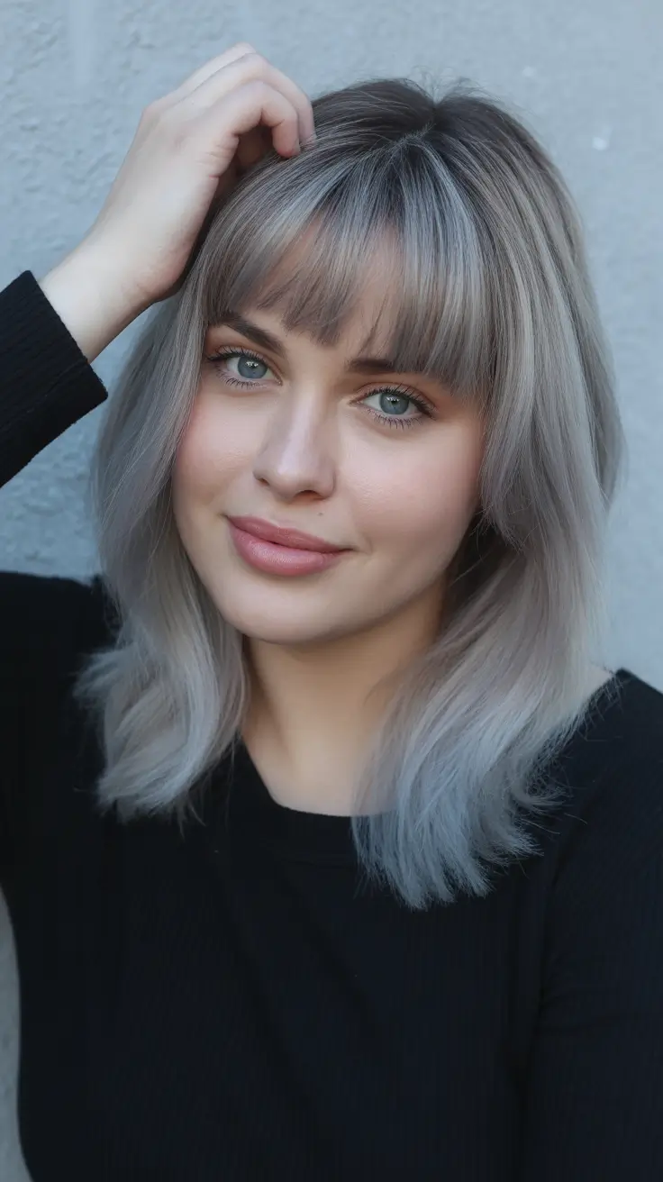 new spring haircuts for chubby faces 2026 Silver-Toned Mid-Length Cut With Straight Fringe