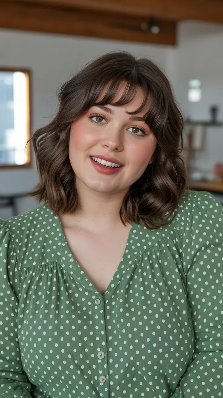 new spring haircuts for chubby faces 2026 Soft Curly Bob With Feathered Fringe