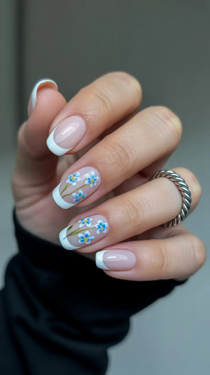 pretty spring nail colors 2026 French Tips with Delicate Blue Flowers