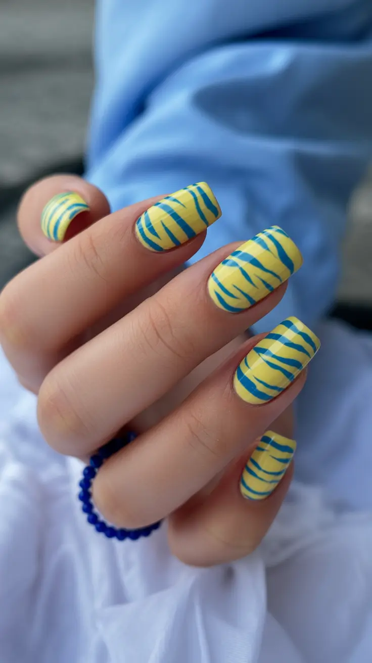 pretty spring nail colors 2026 Sunny Yellow with Graphic Blue Waves