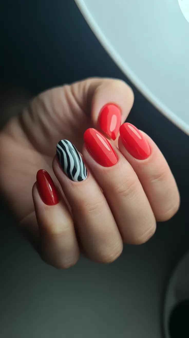 pretty spring nail colors 2026 Coral Red with Graphic Zebra Accent