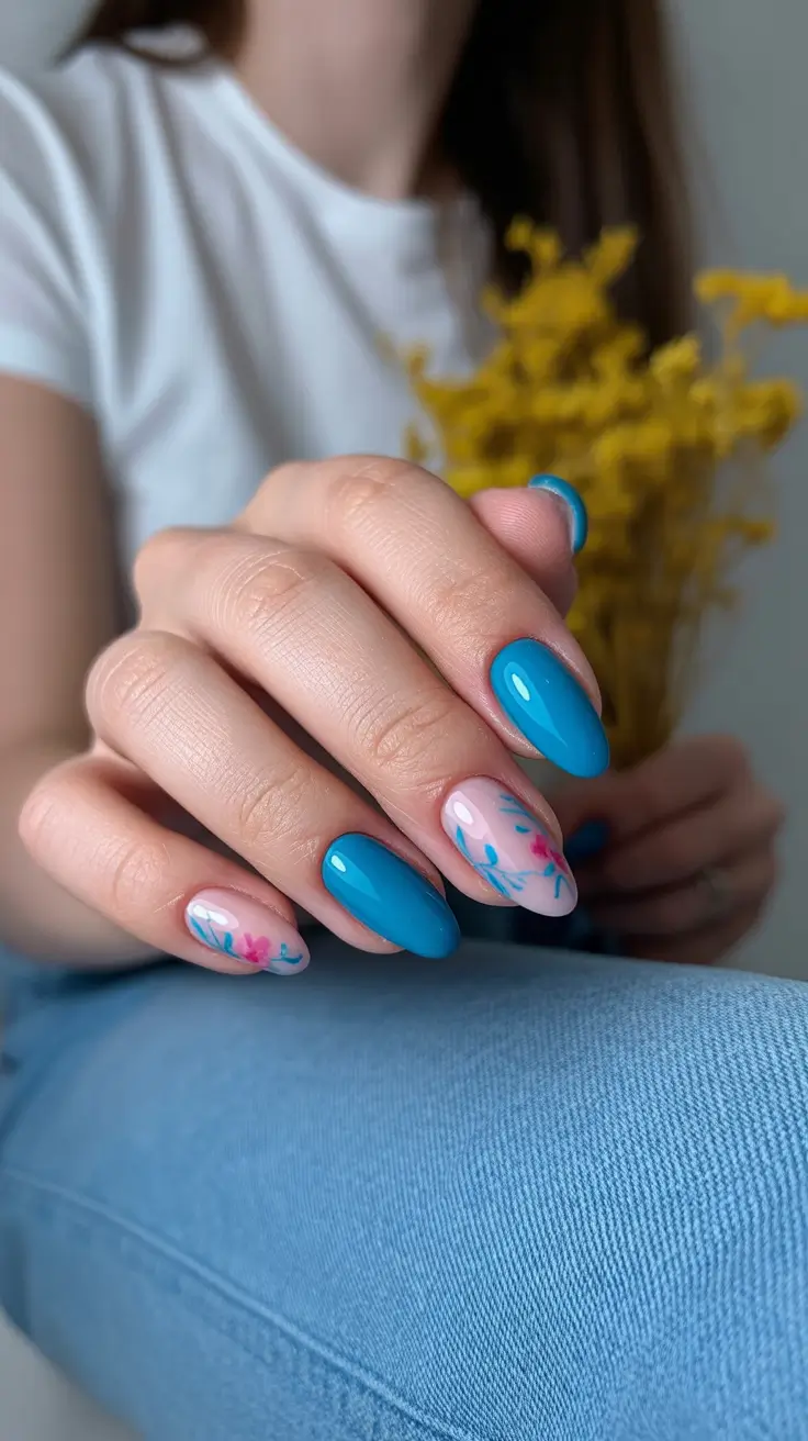 pretty spring nail colors 2026 Teal Blue with Minimal Floral Accents